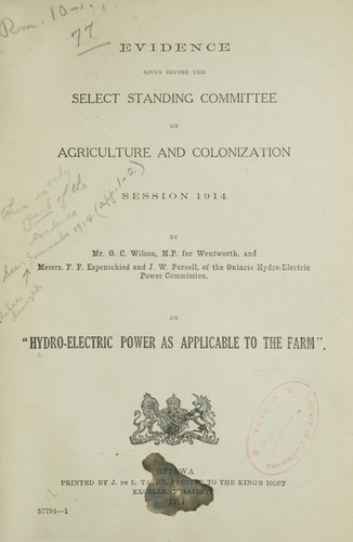 Cover for Evidence ... on "Hydro-electric power as applicable to the farm".
