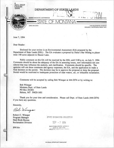 Cover for [Environmental asessment on a proposal by Dana's Bar Mining to placer mine 140 acres adjacent to Hauser Lake]