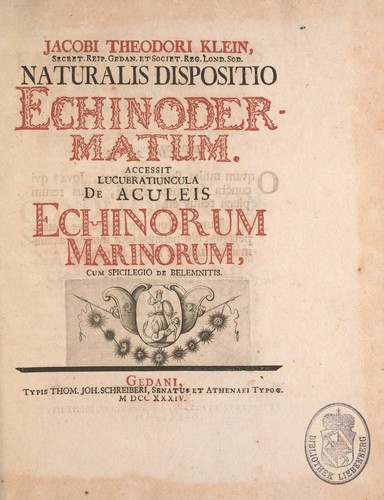Cover for Jacobi Theodori Klein, secret. reip. gedan. et Societ. Reg. Lond. Sod. Naturalis dispositio Echinodermatum