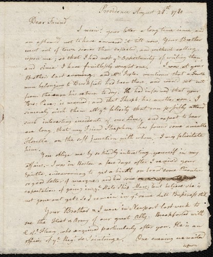 Cover for Letter to Dwight Foster in Brookfield from Solomon Drown, about shipping aboard a privateer, French arrival in Newport, and superiority of Virginia's constitution over Massachusetts'