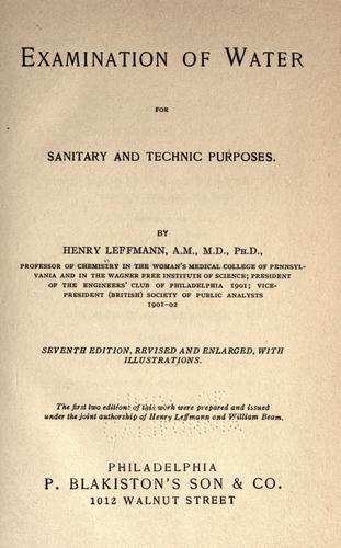 Cover for Examination of water for sanitary and technic purposes.