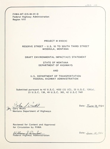 Cover for Project M 8103(4), Reserve Street, U.S. 93 to South Third Street, Missoula, Montana, draft environmental impact/4(f) statement