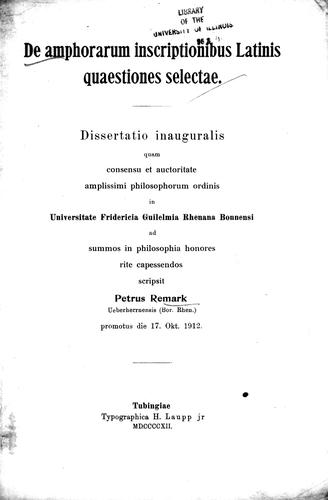 Cover for De amphorarum inscriptionibus Latinis quaestiones selectae