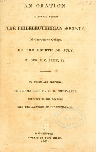 Cover for oration delivered before the Phileleutherian society, of Georgetown college on the fourth of July