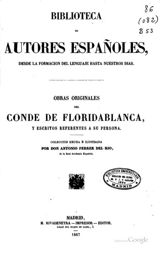 Cover for Obras originales del Conde de Floridablanca, y escritos referentes a su ...