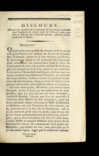 Cover for Discours adresse  aux membres de la commune de Strasbourg, assemble s dans l'auditoire du temple neuf, le 7 fe vrier 1790, pour e lire le substitut du procureur-syndic, apre  s la proclamation de ce dernier