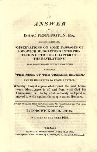 Cover for answer to Isaac Pennington, Esq.