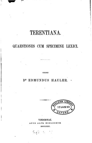 Cover for terentiana quaestiones cum specimine lexici