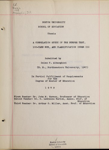 Cover for A correlation study of the Burpee Test, 100-yard run, and Classification Index 111
