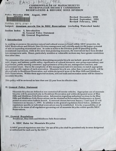 Cover for Mountain bicycle use in MDC reservations (excluding watershed lands)