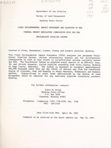 Cover for Final environmental impact statement and adoption of the Federal Energy Regulatory Commission FEIS for the Trailblazer Pipeline System