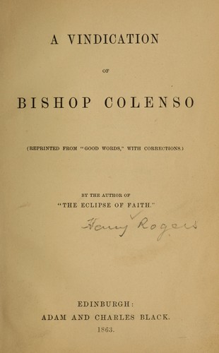 Cover for A vindication of Bishop Colenso