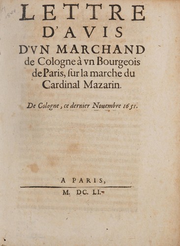 Cover for Lettre d'avis d'vn marchand de Cologne