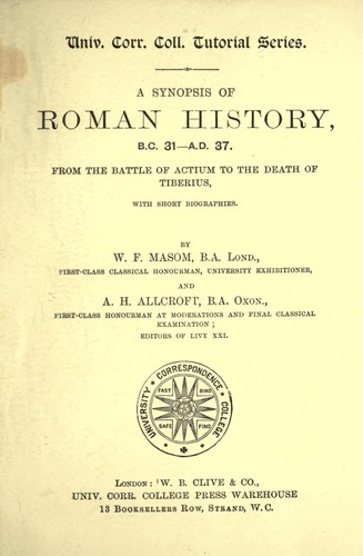 Cover for A synopsis of Roman history, B.C. 31-A.D. 37