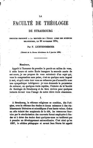 Cover for La faculté de théologie de Strasbourg, discours prononcé à la rentrée de l'école libre des ...