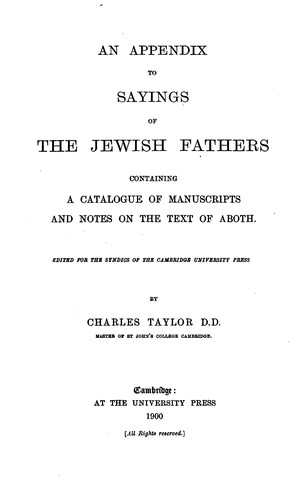 Cover for An Appendix to Sayings of the Jewish Fathers: Containing a Catalogue of Manuscripts and Notes on ...