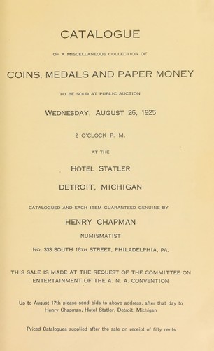 Cover for Catalogue of a miscellaneous collection of coins, medals and paper money