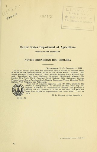 Cover for Notice regarding hog cholera