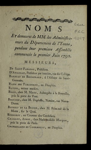 Cover for Noms et demeures de MM. les administrateurs du de partement de l'Yonne