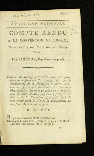 Cover for Compte rendu a la Convention nationale, en exe cution du de cret du 21 nivo se dernier