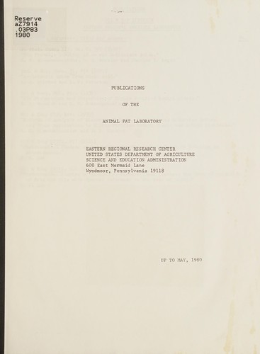 Cover for Publications of the Animal Fat Laboratory
