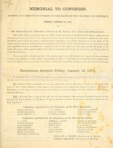 Cover for Memorial to Congress, adopted at a meeting of citizens at the rooms of the Chamber of commerce, Friday, January 18, 1861.