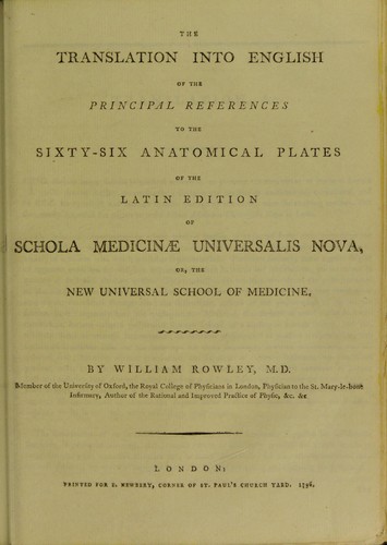 Cover for The translation into English of the principal references to the sixty-six anatomical plates of the Latin edition of the Schola medicinae universalis nova, or the new universal school of medicine