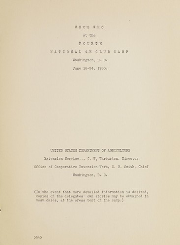 Cover for Who's who at the fourth National 4-H Club Camp, Washington, D. C., June 18 - 24, 1930