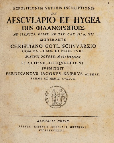 Cover for Expositionem veteris inscriptionis de Aesculapio et Hygea diis philanthropois submittit Ferdinandus Jacobus Baierus ...