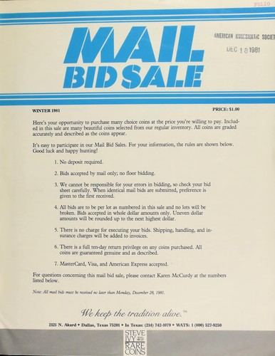Cover for Mail bid sale ... Steve Ivy Rare Coins