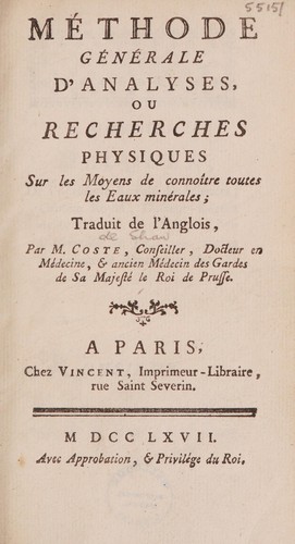 Cover for Méthode générale d'analyses, ou recherches physiques sur les moyens de connoître toutes les eaux minérales