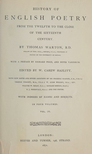 Cover for History of English poetry from the twelfth to the close of the sixteenth century