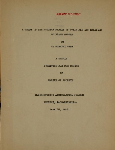 Cover for A study of the sulphur supply of soils and its relation to plant growth