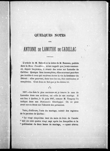 Cover for Quelques notes sur Antoine de Lamothe de Cadillac
