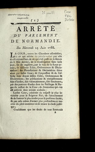 Cover for Arre te  du parlement de Normandie, du mercredi 25 juin 1788