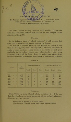 Cover for Statistics of child suicide