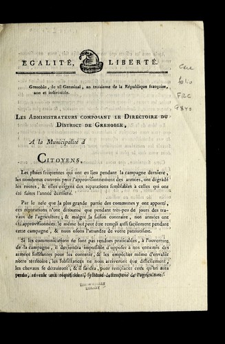 Cover for ... Les administrateurs composant le directoire du district de Grenoble, a la municipalite  d [blank]