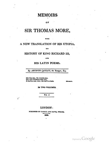 Cover for Memoirs of Sir Thomas More, with a new translation of his Utopia, his History of King Richard III, and his Latin poems