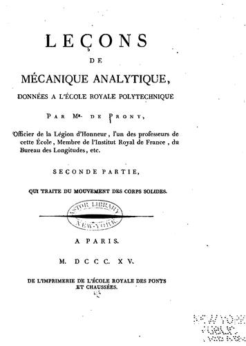 Cover for Leçons de mécanique analytique données a l'École royale polytechnique