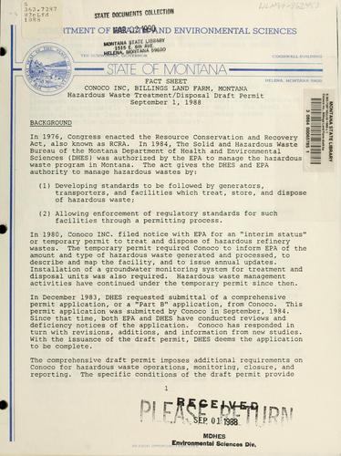 Cover for Conoco Inc., Billings Land Farm draft hazardous waste permit