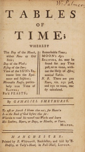 Cover for Tables of time; whereby the day of the month [etc.] ... may be found for any time past or to come, without the help of astronomical tables
