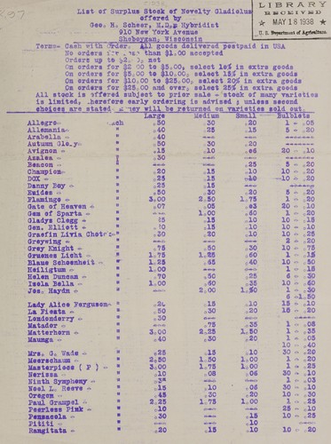 Cover for List of surplus stock of novelty gladiolus offered by Geo. H. Scheer, M.D., hybridist