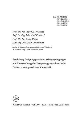 Cover for Ermittlung fertigungsgerechter Arbeitsbedingungen und Untersuchung des Zerspanungsverhaltens beim Drehen thermoplastischer Kunststoffe