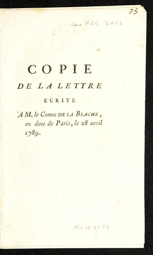 Cover for Copie de la lettre ecrite a M. le Comte de La Blache