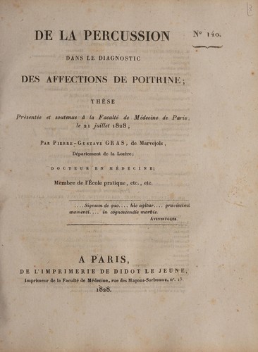 Cover for De la percussion dans le diagnostic des affections de la poitrine