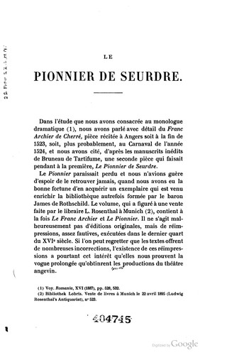Cover for Le pionnier de Seurdre : monologue dramatique récité à Angers en 1524; réimprimé, avec une introduction et des notes