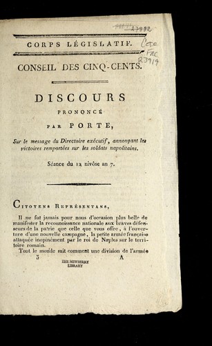Cover for Discours prononce  par Porte, sur le message du Directoire exe cutif, annonc ʹant les victoires remporte es sur les soldats napolitains