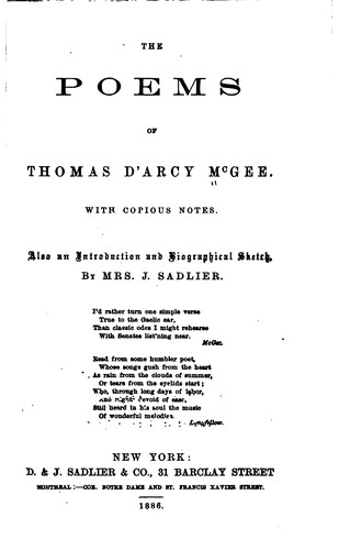 Cover for The Poems of Thomas D'Arcy McGee: With Copious Notes. Also an Introduction ...