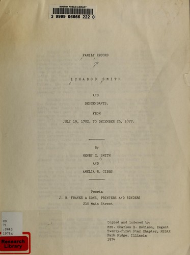 Cover for Family record of Ichabod Smith and descendants, from July 19, 1782, to December 25, 1877