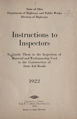 Cover for Instructions to inspectors to guide them in the inspection of material and workmanship used in the construction of state aid roads